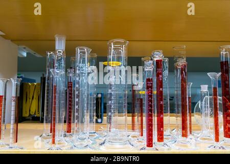 Cambridge MA USA - circa March 2020 - Graduated cylinders in a laboratory Stock Photo