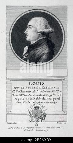 LOUIS Marquis de Foucauld LARDIMALIE - KNIGHT OF HONOR OF THE ORDER OF MALTA - DO THE CASTLE LARDIMALIE SEPTEMBER 30, 1755 - DEPUTY OF NOBLE PERIGORD THE GENERAL STATES-1789 Dejabin/Texier/Labadye. 'Louis Marquis de Foucauld Lardimalie, chevalier d''honneur de l'Ordre de Malte, né au château de Lardimalie le 30 septembre 1755, député de la noblesse du Périgord aux Etats-Généraux de 1789'. Gravure. Paris, musée Carnavalet. Stock Photo