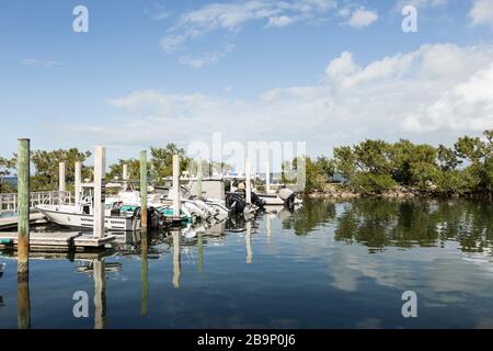 National Pak Service speedboats moored at Convoy Point in Biscayne National Park in Homestead, Florida, USA Stock Photo