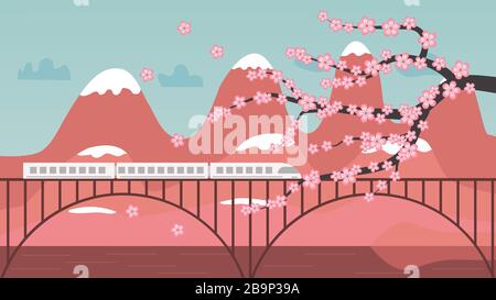 Japanese landscape scene in spring with a pink cherry tree and fast modern train on a bridge and mountains with snow in the background. Stock Vector
