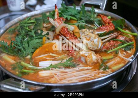 Korean cuisine hot pot with meat and seafood Stock Photo - Alamy