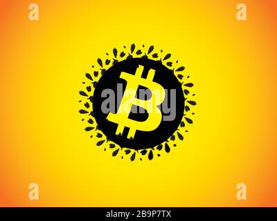 Bitcoin wallpaper. Yellow - orange gradient background with black abstract BTC symbol in the center of the wallpaper. Stock Vector