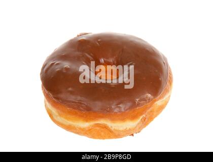 One cake donut frosted chocolate glaze, isolated on white background. Stock Photo