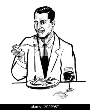 Happy smiling man eating spaghetti and drinking wine. Ink black and white drawing Stock Photo