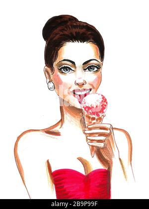 Pretty Girl Eating Ice Cream Ink And Watercolor Drawing Stock Photo Alamy