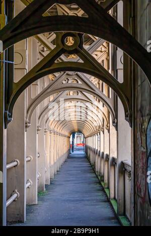 Newcastle upon Tyne, England - November 10 2019: Pedestrian walkway on the High level bridge, which also caters for road and railway, spanning the River Tyne between Newcastle upon Tyne and Gateshead in North East England Stock Photo