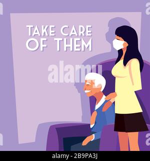 woman take care of old man, label take care of them vector illustration design Stock Vector