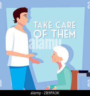 young man take care of old woman, label take care of them vector illustration design Stock Vector