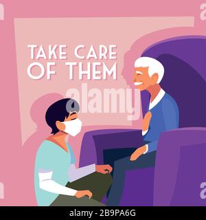 young man take care of old man, label take care of them vector illustration design Stock Vector