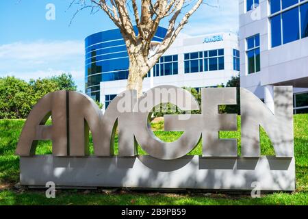 Large Amgen sign at biopharmaceutical company office in Silicon Valley, biotech company headquartered in Thousand Oaks - South San Francisco, Californ Stock Photo