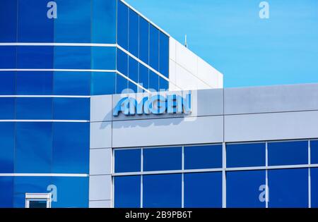 Amgen sign at biopharmaceutical company office in Silicon Valley - South San Francisco, CA, USA - Circa, 2019 Stock Photo