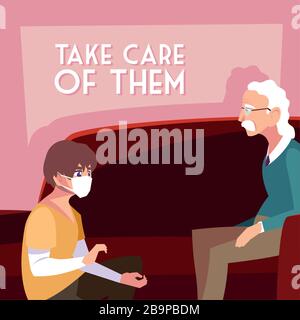 young man take care of old man, label take care of them vector illustration design Stock Vector