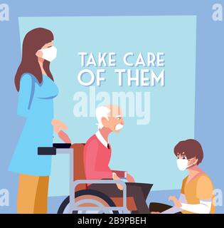 people take care of old man in wheelchair, label take care of them vector illustration design Stock Vector