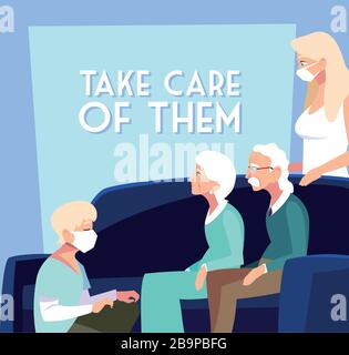 young people take care of elderly, label take care of them vector illustration design Stock Vector