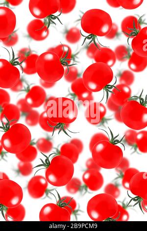 Red cherry tomatoes falling down isolated on white background. Open composition. Season of fresh vegetables. Tomatoes background. Vertical format. Stock Photo