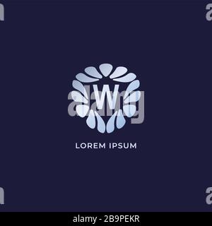 Letter W Alphabetic logo design template. Luxury decorative alphabet logo isolated on navy blue background. Silver metalic jewelry logo concept Stock Vector