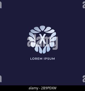 Letter X Alphabetic logo design template. Luxury decorative alphabet logo isolated on navy blue background. Silver metalic jewelry logo concept Stock Vector