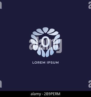 Letter O Alphabetic logo design template. Luxury decorative alphabet logo isolated on navy blue background. Silver metalic jewelry logo concept Stock Vector