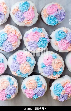 Top view on assorted traditional russian easter cakes named Kulich Stock Photo