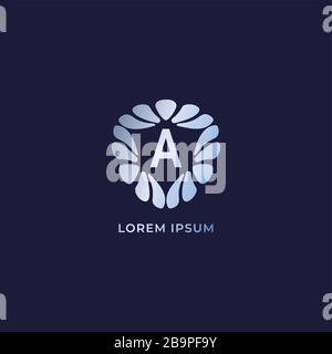Luxury decorative alphabet logo isolated on navy blue background. Letter A Alphabetic logo design template. Silver metalic jewelry logo concept Stock Vector