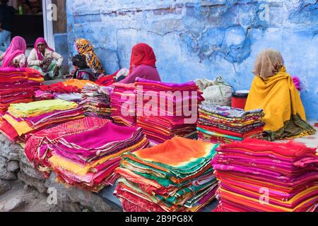 Nai Sarak street market Textile sellers Jodhpur Rajasthan India Stock Photo