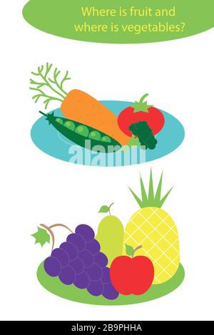 Vegetables and fruit in cartoon style on plates for children, preschool worksheet activity for kids, task for the development of logical thinking Stock Vector