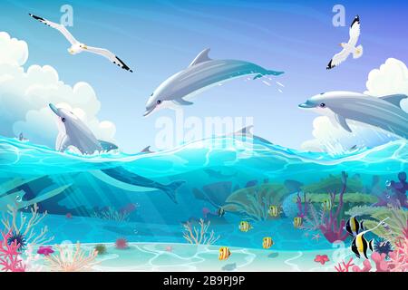 vector cartoon underwater sea, dolphins nautical clipart Stock Vector