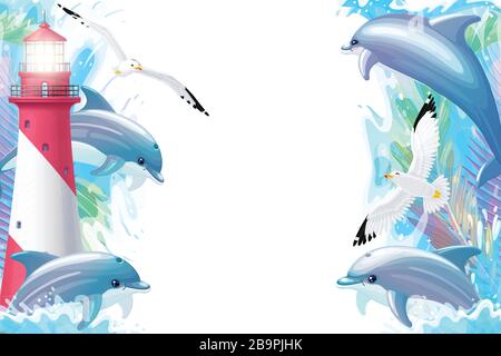 vector Sea border background. Cartoon summer clip art Stock Vector