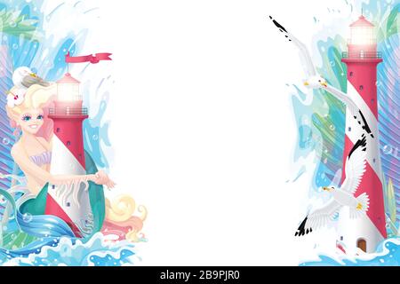 vector Sea border background. Cartoon summer clip art Stock Vector