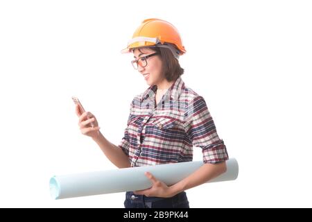 female engineer use phone on white background Stock Photo