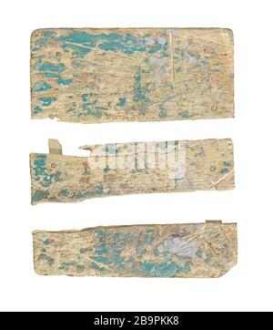 Board with peeling paint green isolated on white. Ancient wood with cracked paint. Painted green boards isolated. Stock Photo