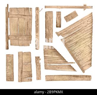 Set of old wooden planks isolated on white Stock Photo - Alamy