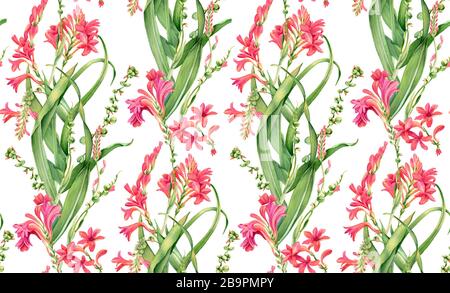 Watercolor seamless pattern. Pink flowers in bloom. Colourful tropical floral design isolated on white. Botanical floral illustration for wrapping Stock Photo