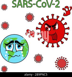 Abstract cartoon structure of coronavirus attack on globe, 'stop' pathogen respiratory coronavirus, illustration isolated on the white background Stock Vector
