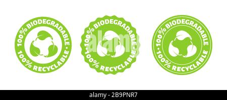 100 persent biodegradable recycle stamp. Vector reusable plastic bio package logo icon set. Eco sign. Stock Vector