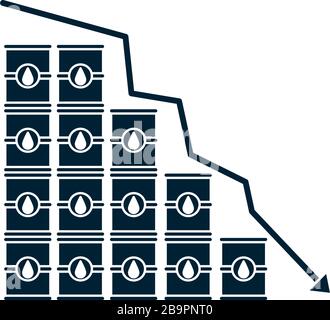 stack of oil barrels and decrease financial arrow icon over white ...