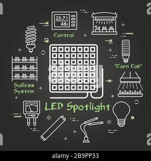 Vector black concept of hydroponic and growth led light - big square spotlight lamp Stock Vector