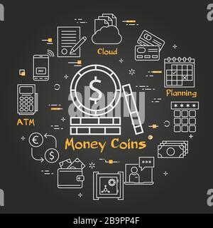 Vector black finance and banking concept - money coins Stock Vector