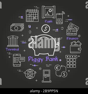 Vector black finance and banking line concept - piggy bank Stock Vector
