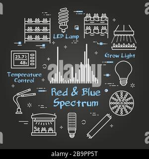 Vector black concept of hydroponic and growth led light - red and blue spectrum Stock Vector