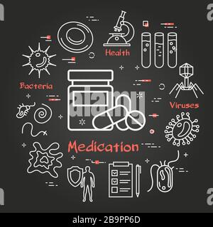 Vector black concept of medication and pills Stock Vector
