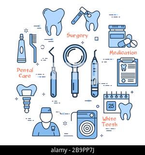 Vector blue line round concept - dentist tools Stock Vector