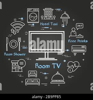Vector black hotel service square concept - TV in room Stock Vector
