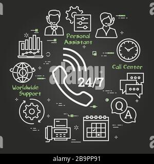 Vector black concept of online support - round-the-clock help icon Stock Vector