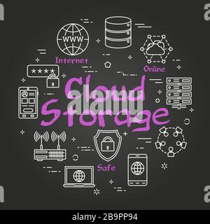 Vector black line concept of internet secure network technology as cloud storage Stock Vector