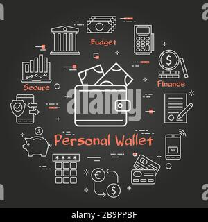 Vector black finance and banking line concept - personal wallet Stock Vector