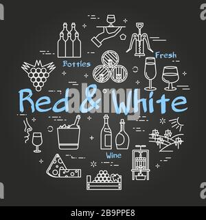 Vector black line round Red and White wine concept Stock Vector