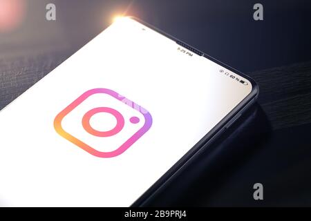 KYIV, UKRAINE-JANUARY, 2020: Instagram on Smart Phone Screen. Social Media are Most Popular Tool for Communication Between People in Internet. Instagram Concept. 3D. Stock Photo