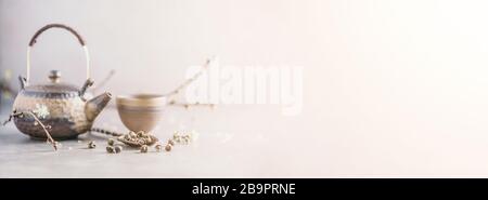 Traditional asian tea ceremony arrangement. Flat lay of iron teapot, cups and blooming cherry tree flowers on grey concrete background. Spring concept Stock Photo