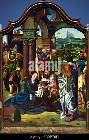 The Adoration of the Magi ( central Panel ) Nativity and Circumcision (Side Panels),  Jan van Doornik 1470-1527 ( Jan van Dornicke was a South Netherlandish painter  ) Dutch, The Netherlands, Trypich. Stock Photo